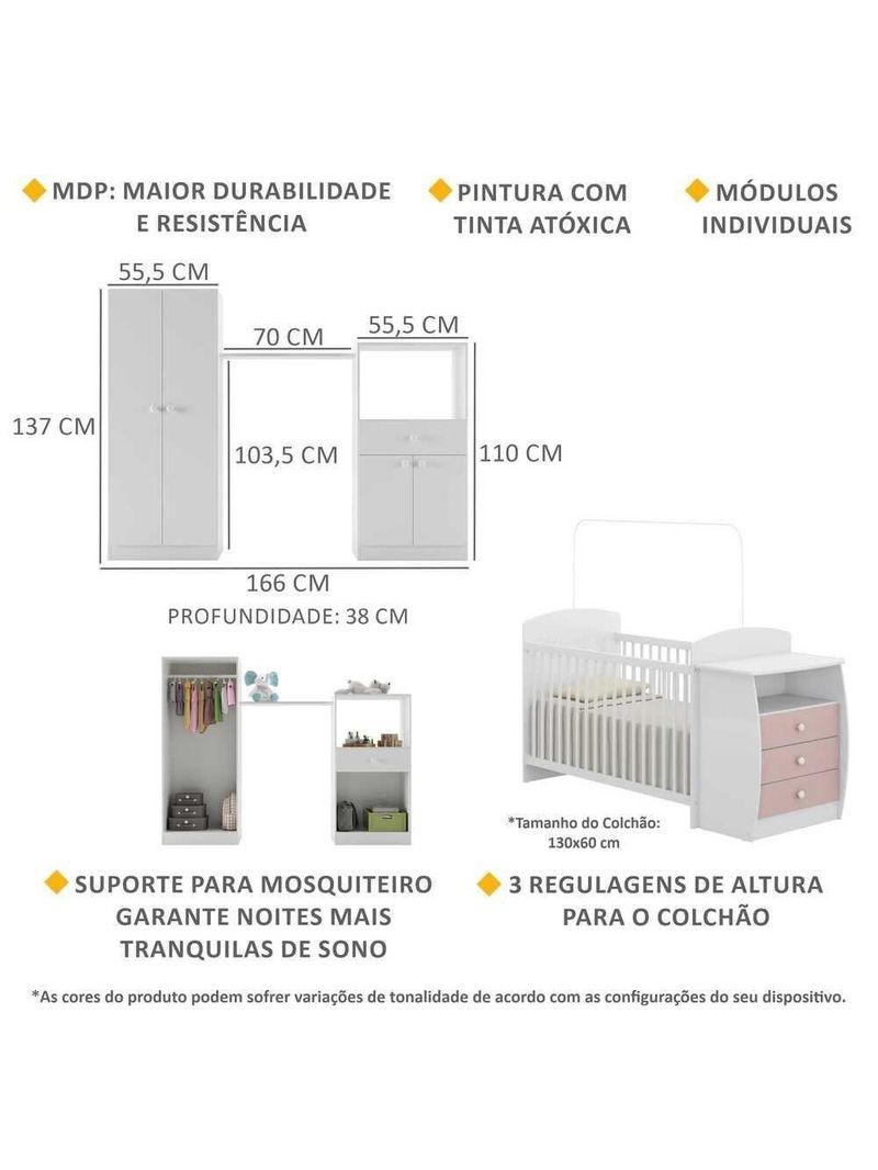 Quarto Infantil Com Berço-cômoda Laura Branco/rosa