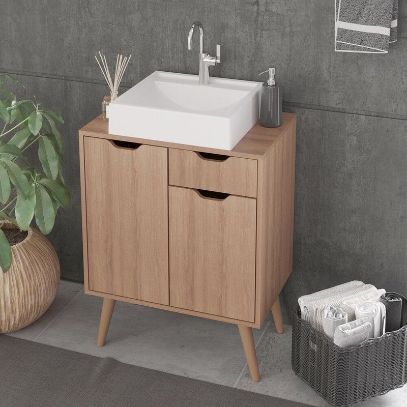 Gabinete Banheiro 60cm 2 Portas E 1 Gaveta Retrô Multimóveis Cr10118 Amêndoa Amêndoa