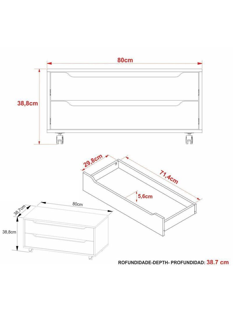 Gabinete Banheiro 80cm 2 Gavetas Retrô Com Rodízios Multimóveis Cr10121 Branco Branco