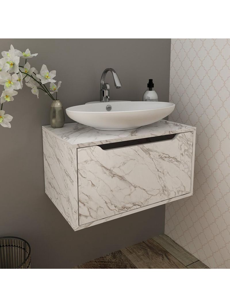 Gabinete Banheiro Suspenso 60cm 1 Porta Cr10123 Mármore Branco