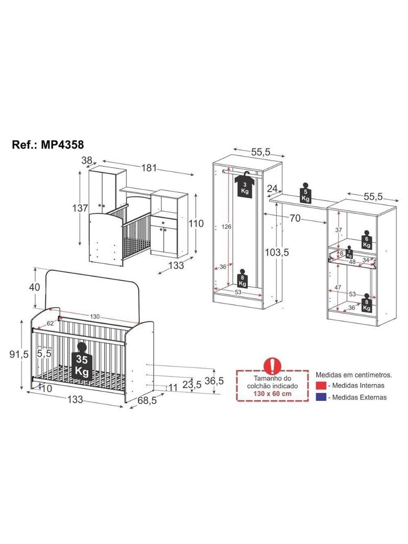 Quarto Infantil Completo Com Berço Guarda-roupa E Cômoda Multimóveis Mp4358 Branco