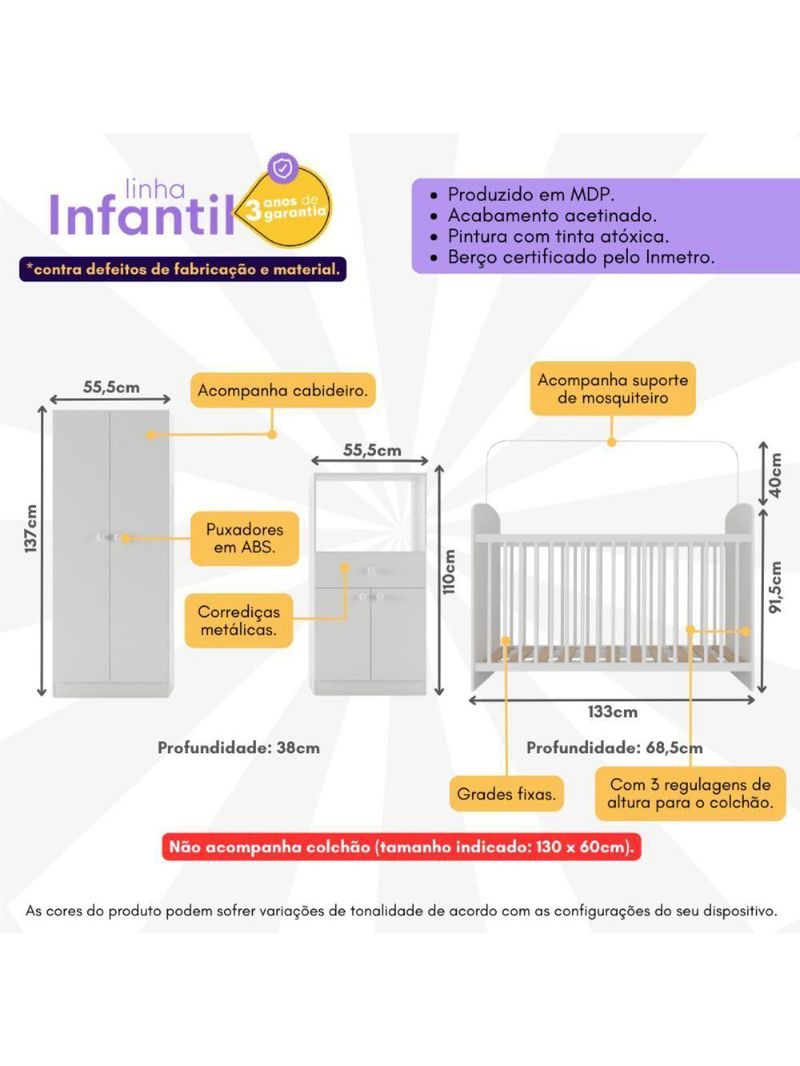 Quarto Infantil Completo Com Berço Guarda-roupa E Cômoda Multimóveis Mp4358 Branco