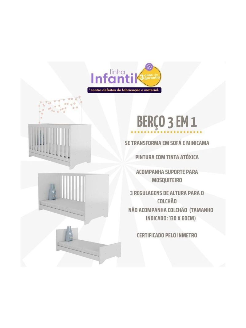 Quarto Infantil Completo Com Berço 3 Em 1 Para Colchão 130x60cm E Baú Multimóveis Mp4356 Branco/colorido