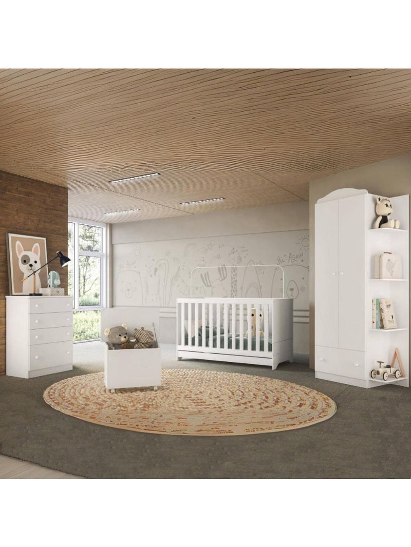 Quarto Infantil Completo Com Berço 3 Em 1 Para Colchão 130x60cm E Baú Multimóveis Mp4356 Branco/colorido