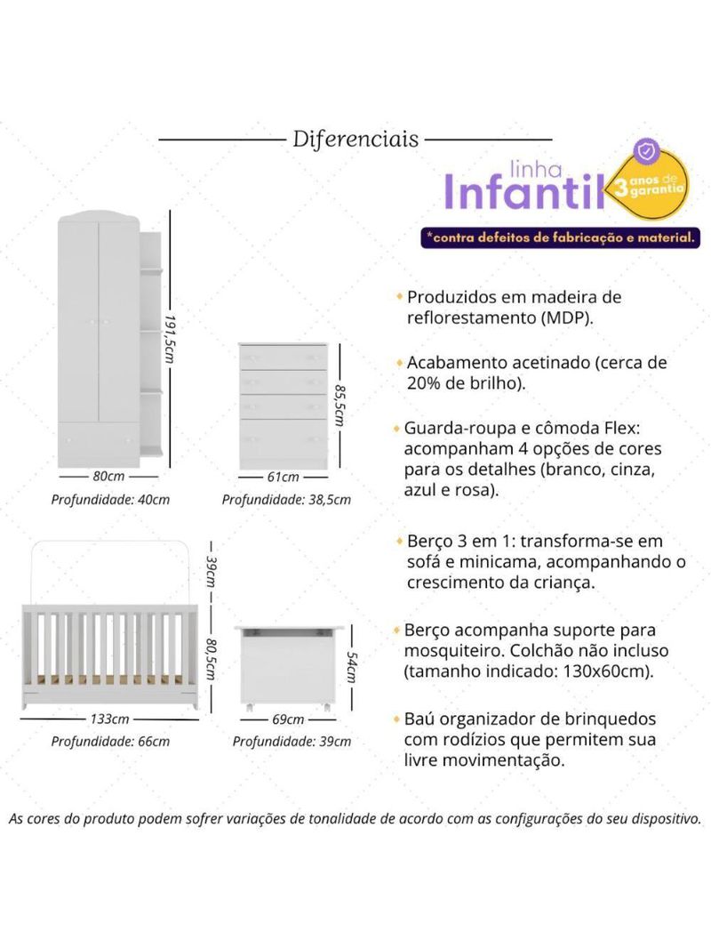 Quarto Infantil Completo Com Berço 3 Em 1 Para Colchão 130x60cm E Baú Multimóveis Mp4356 Branco/colorido