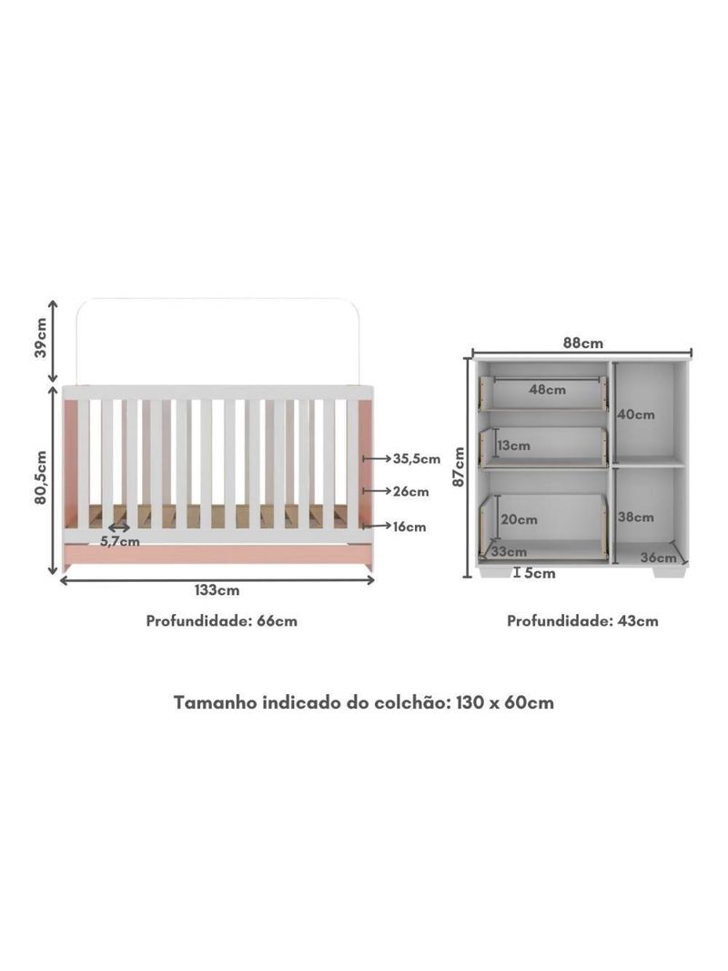 Quarto Infantil Com Berço 3 Em 1 E Cômoda Algodão Doce Multimóveis Mp4249 Branco/rosa