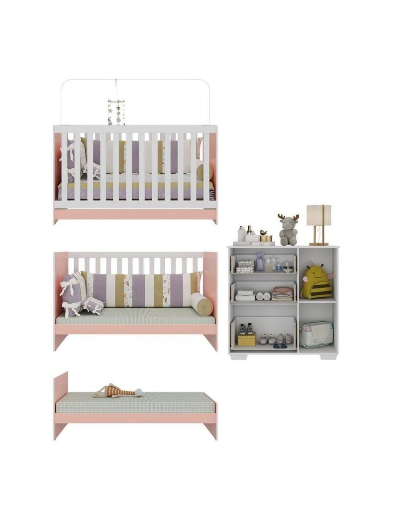 Quarto Infantil Com Berço 3 Em 1 E Cômoda Algodão Doce Multimóveis Mp4249 Branco/rosa