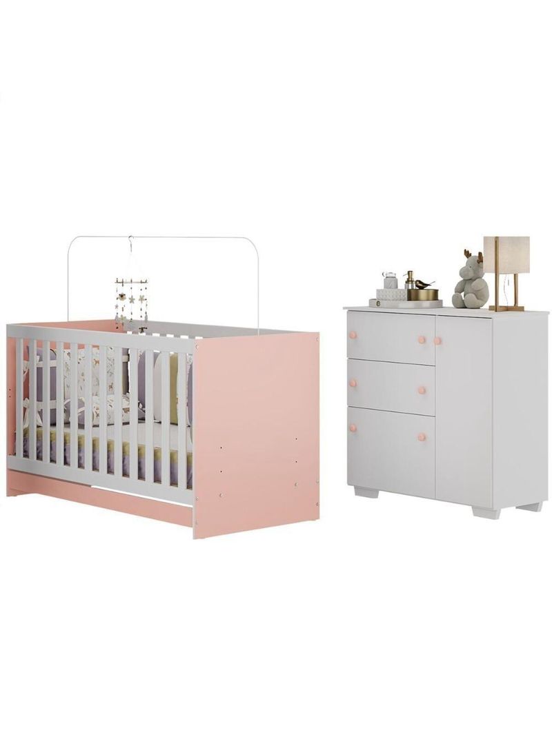 Quarto Infantil Com Berço 3 Em 1 E Cômoda Algodão Doce Multimóveis Mp4249 Branco/rosa