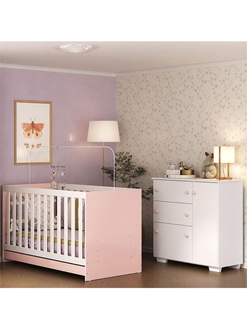 Quarto Infantil Com Berço 3 Em 1 E Cômoda Algodão Doce Multimóveis Mp4249 Branco/rosa