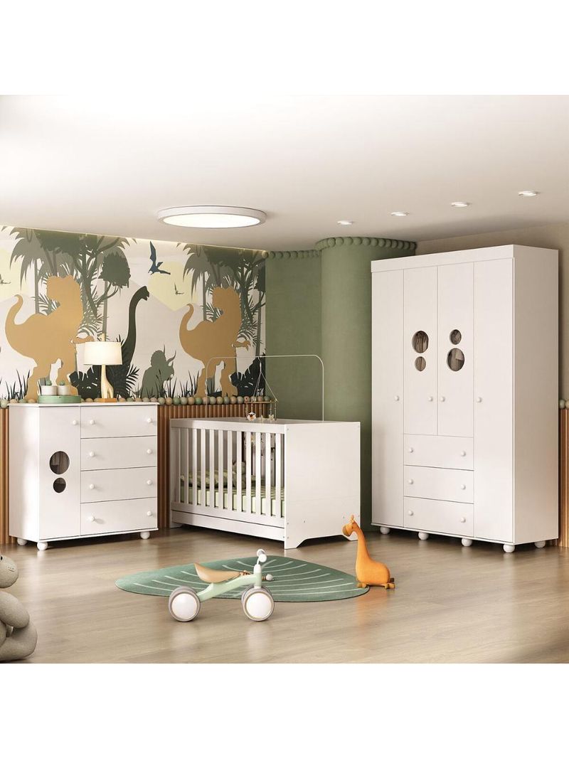 Quarto Infantil Completo Com Berço 3 Em 1 Para Colchão 130x60cm Multimóveis Mp4383 Branco