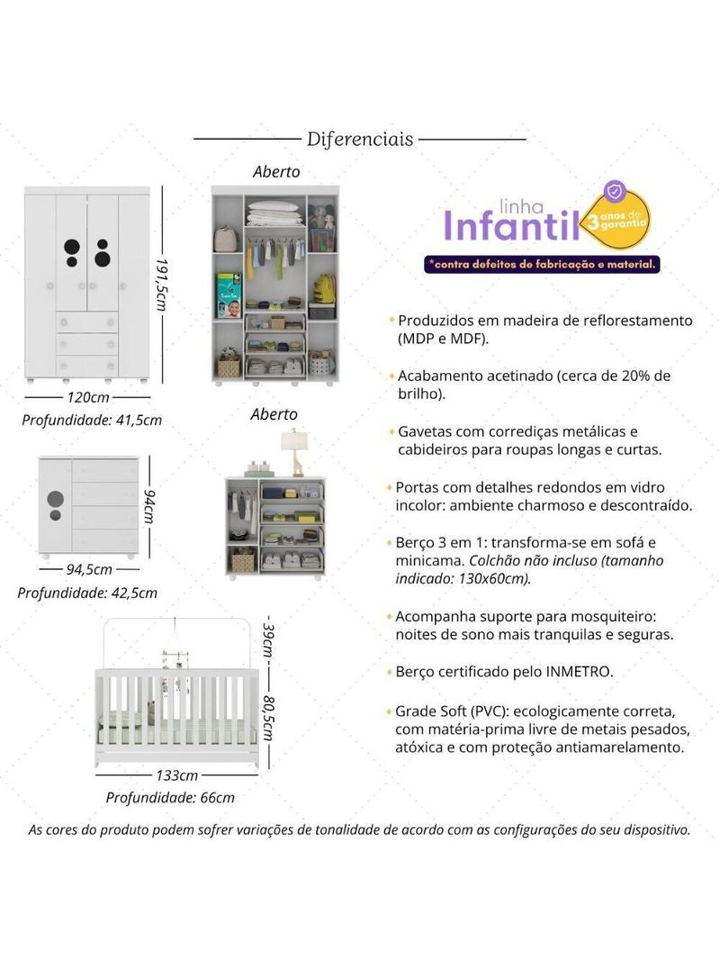 Quarto Infantil Completo Com Berço 3 Em 1 Para Colchão 130x60cm Multimóveis Mp4383 Branco