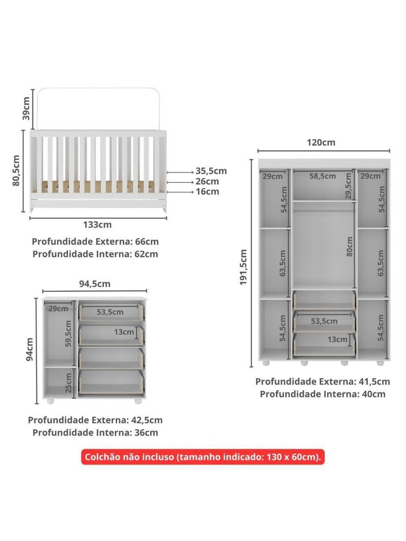 Quarto Infantil Completo Com Berço 3 Em 1 Para Colchão 130x60cm Multimóveis Mp4383 Branco