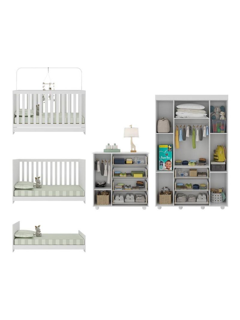 Quarto Infantil Completo Com Berço 3 Em 1 Para Colchão 130x60cm Multimóveis Mp4383 Branco
