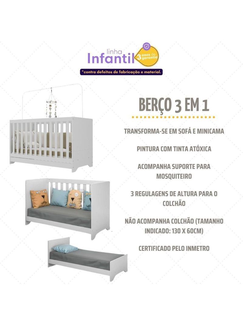 Quarto Infantil Completo Com Berço 3 Em 1 Para Colchão 130x60cm Multimóveis Mp4383 Branco