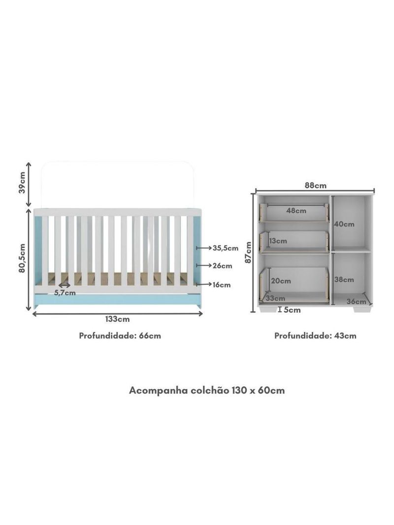 Quarto Infantil Com Berço Colchão Incluso E Cômoda Algodão Doce Multimóveis Mp4250 Branco/azul