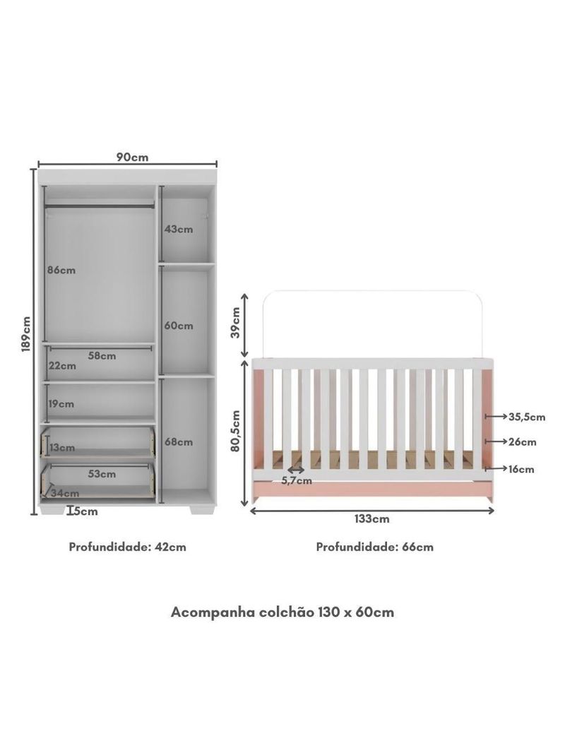 Quarto Infantil Com Berço Colchão Incluso E Guarda-roupas Algodão Doce Multimóveis Mp4248 Branco/rosa