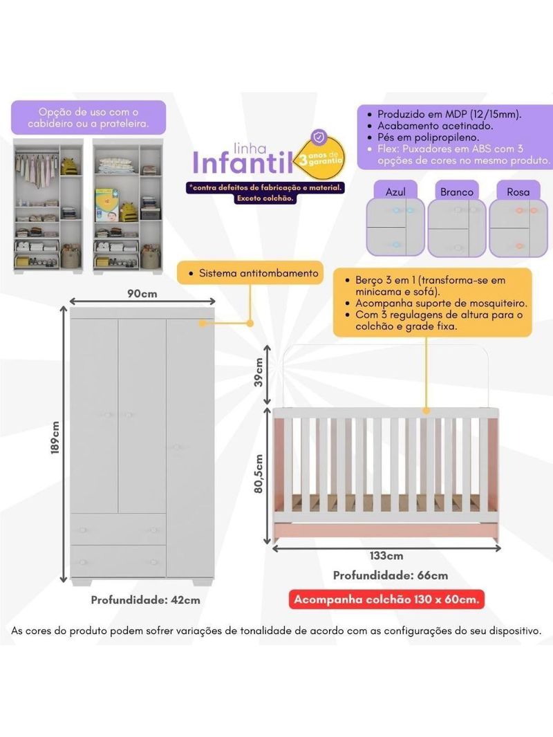 Quarto Infantil Com Berço Colchão Incluso E Guarda-roupas Algodão Doce Multimóveis Mp4248 Branco/rosa