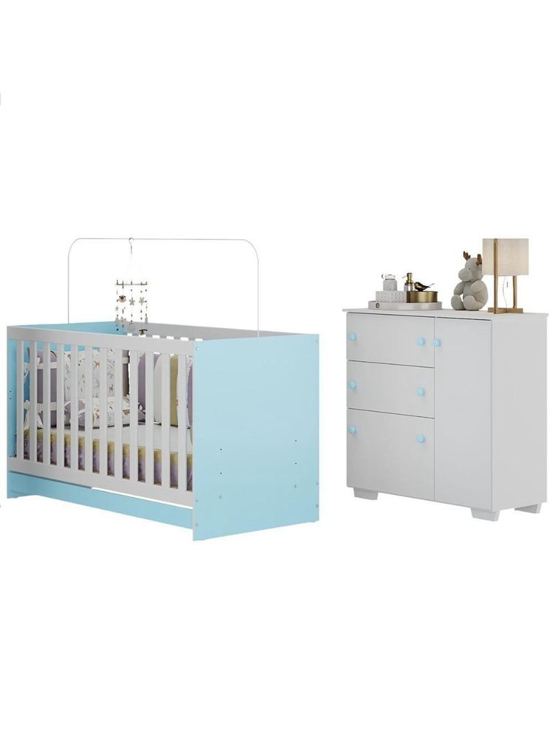 Quarto Infantil Com Berço 3 Em 1 E Cômoda Algodão Doce Multimóveis Mp4249 Branco/azul