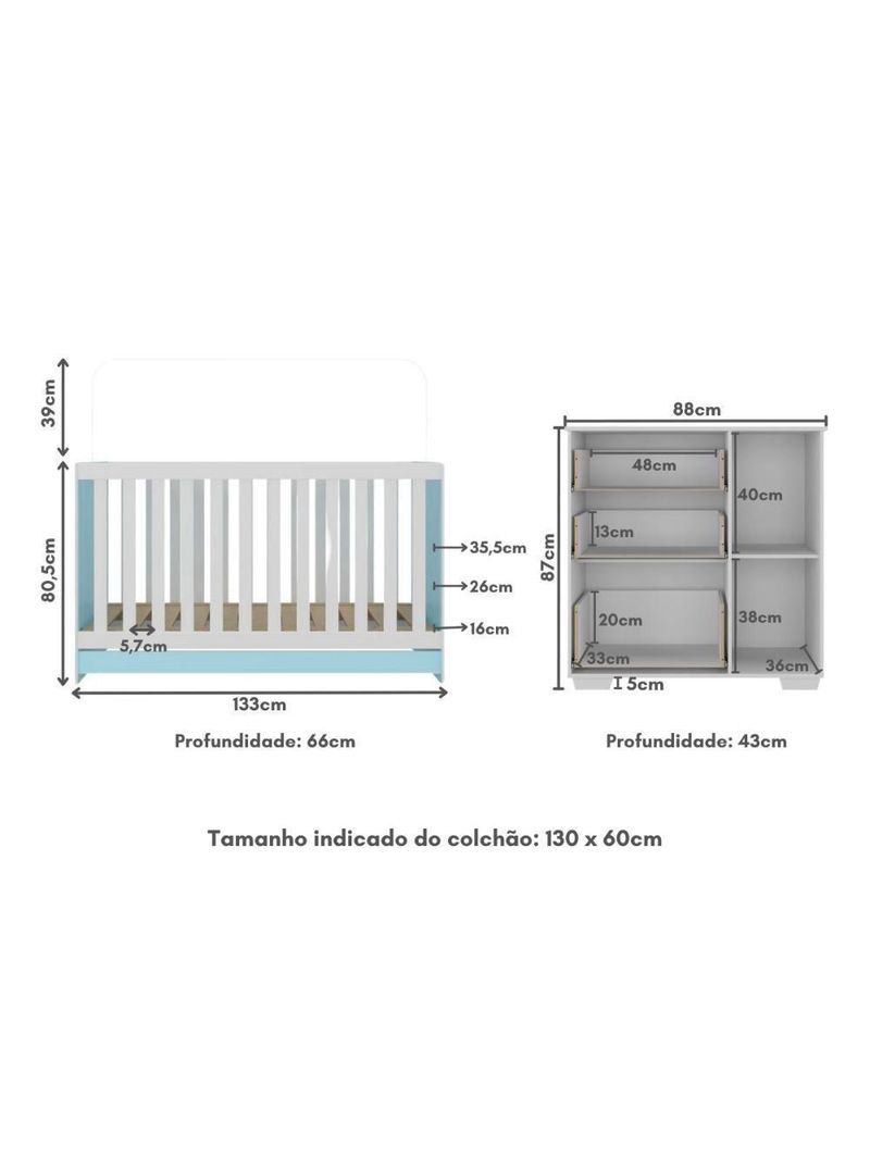 Quarto Infantil Com Berço 3 Em 1 E Cômoda Algodão Doce Multimóveis Mp4249 Branco/azul