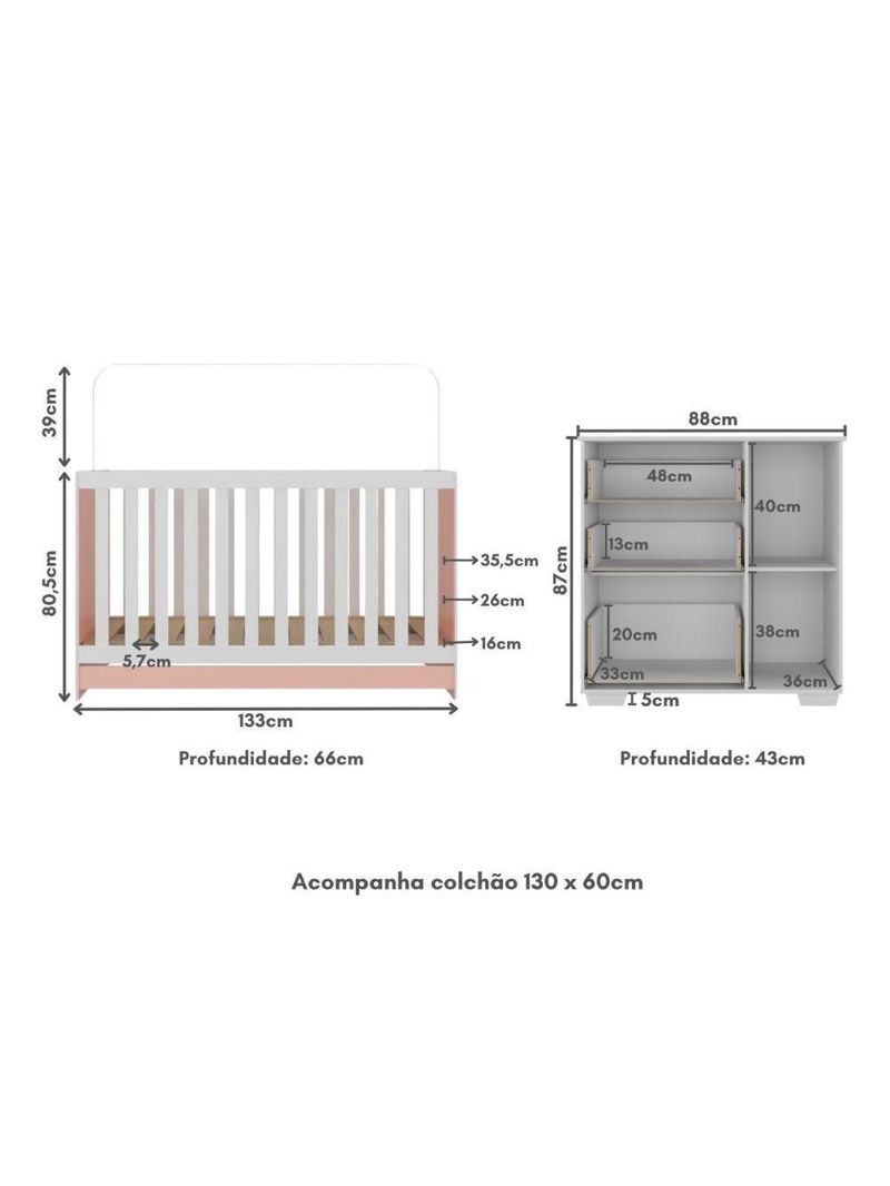 Quarto Infantil Com Berço Colchão Incluso E Cômoda Algodão Doce Multimóveis Mp4250 Branco/rosa