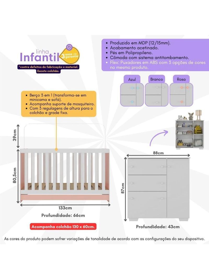 Quarto Infantil Com Berço Colchão Incluso E Cômoda Algodão Doce Multimóveis Mp4250 Branco/rosa