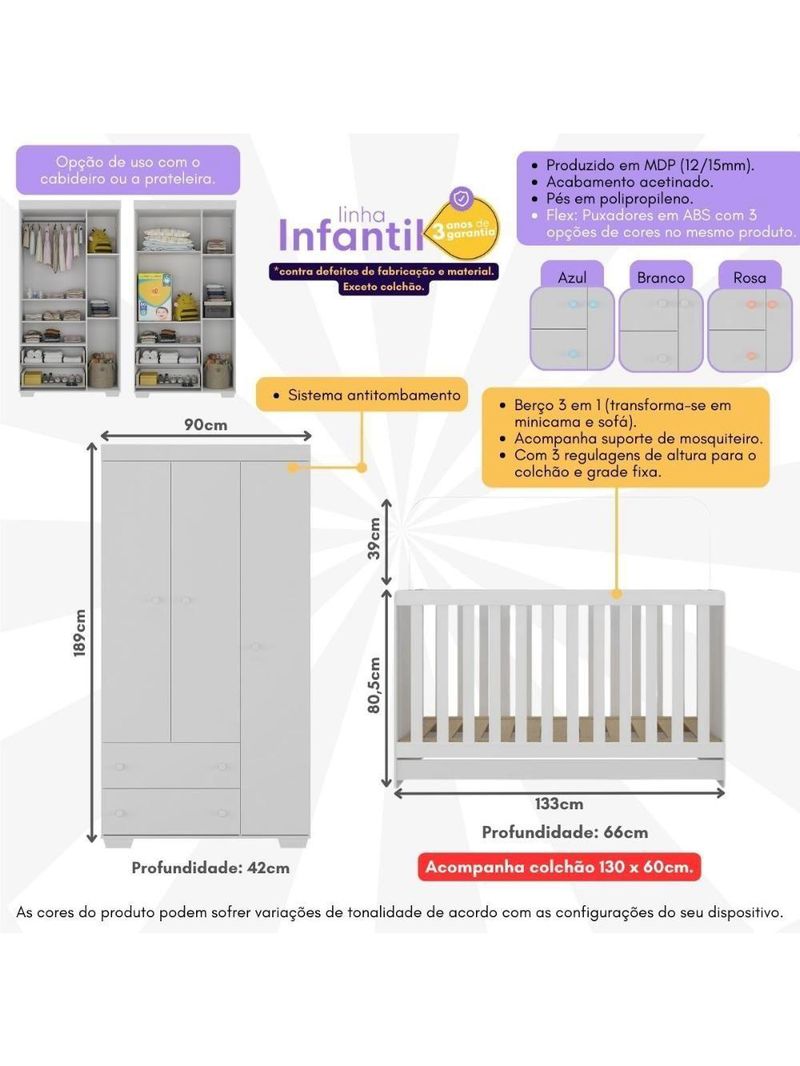 Quarto Infantil Com Berço Colchão Incluso E Guarda-roupas Algodão Doce Multimóveis Mp4248 Branco