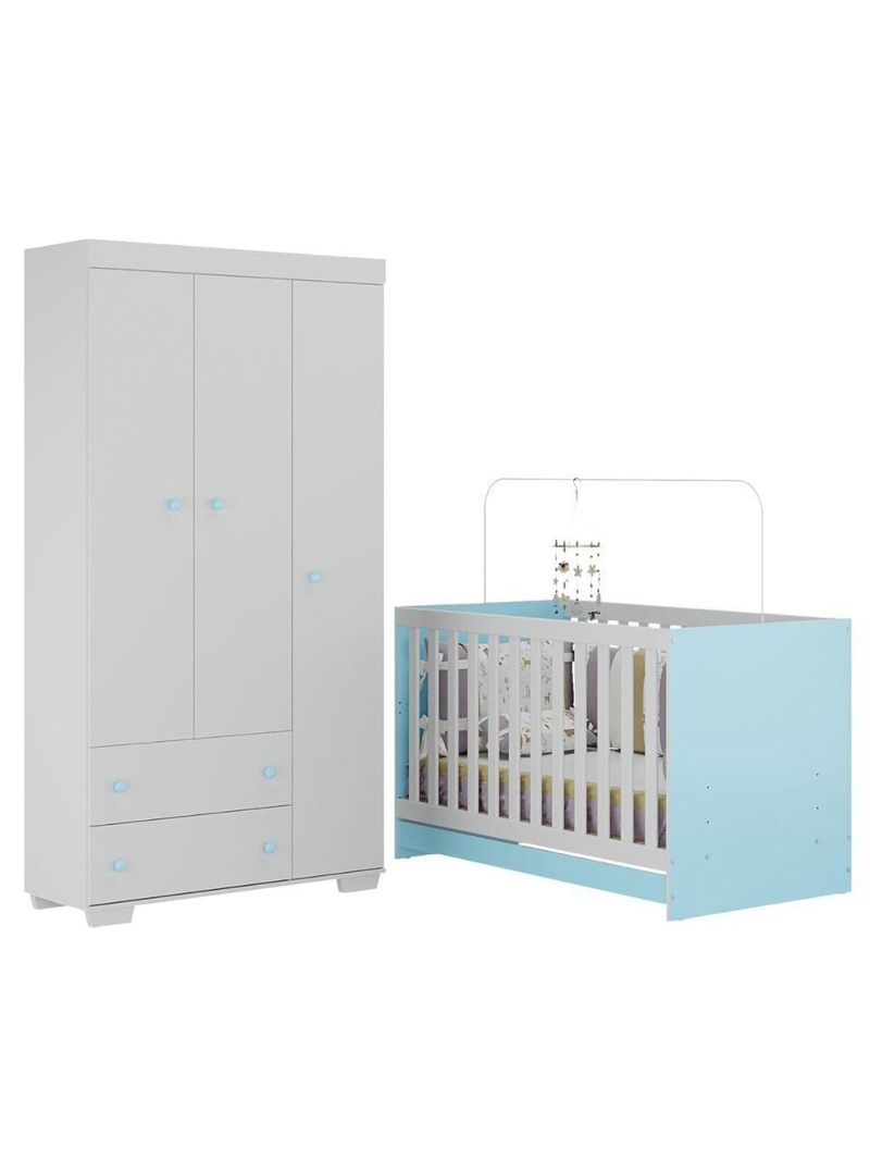 Quarto Infantil Com Berço 3 Em 1 E Guarda-roupas Algodão Doce Multimóveis Mp4247 Branco/azul