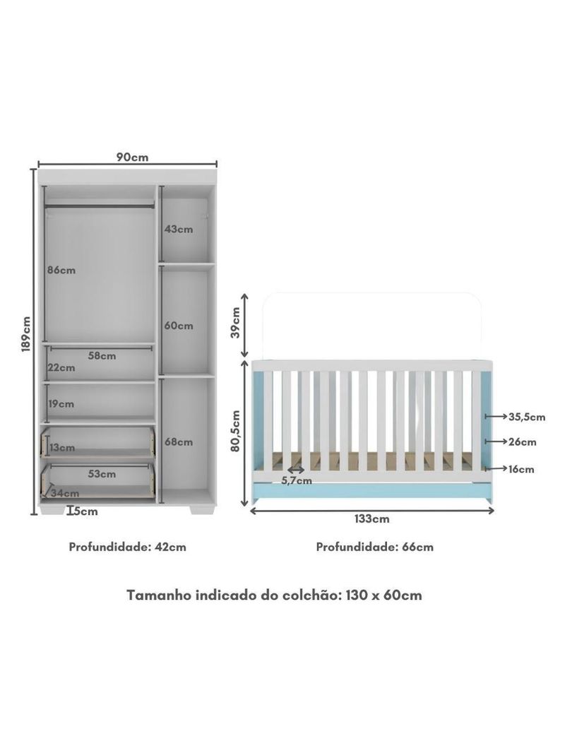 Quarto Infantil Com Berço 3 Em 1 E Guarda-roupas Algodão Doce Multimóveis Mp4247 Branco/azul