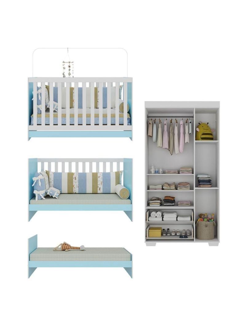 Quarto Infantil Com Berço 3 Em 1 E Guarda-roupas Algodão Doce Multimóveis Mp4247 Branco/azul