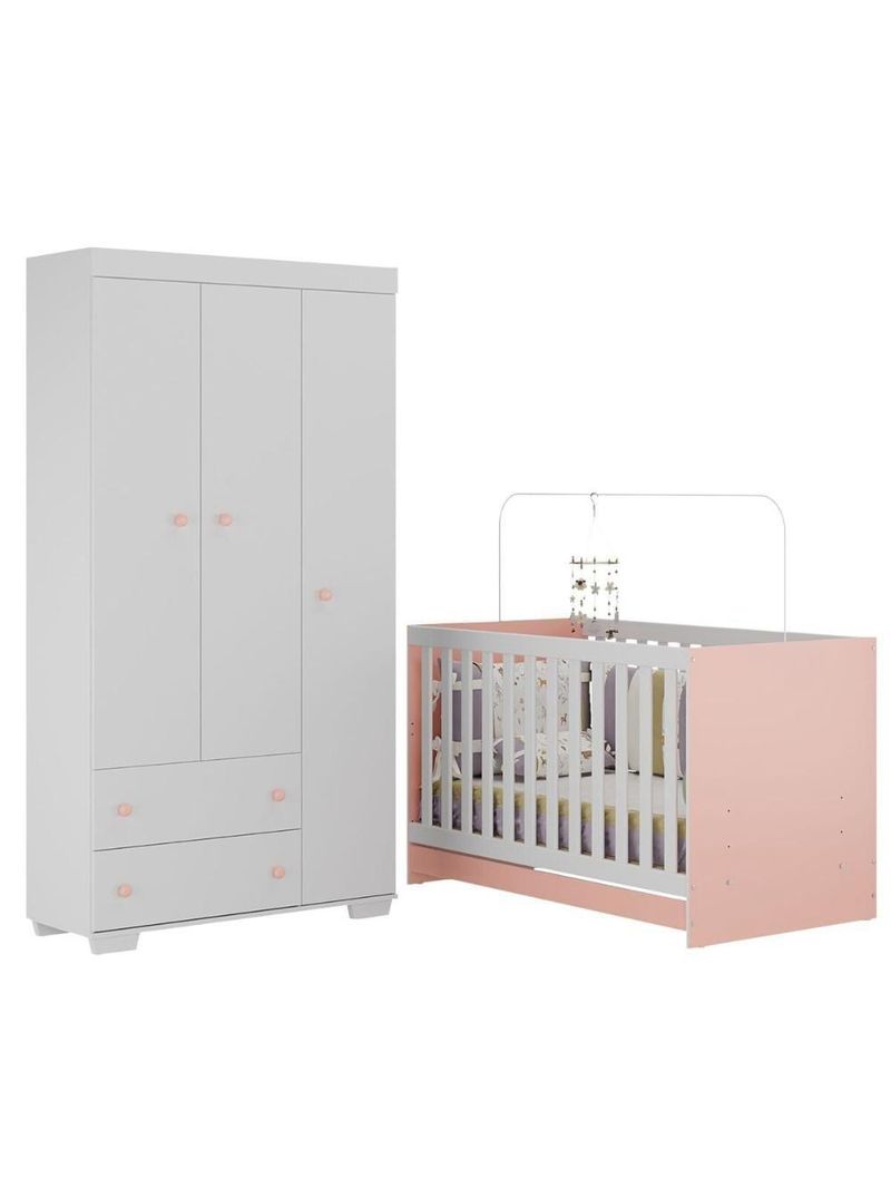 Quarto Infantil Com Berço 3 Em 1 E Guarda-roupas Algodão Doce Multimóveis Mp4247 Branco/rosa