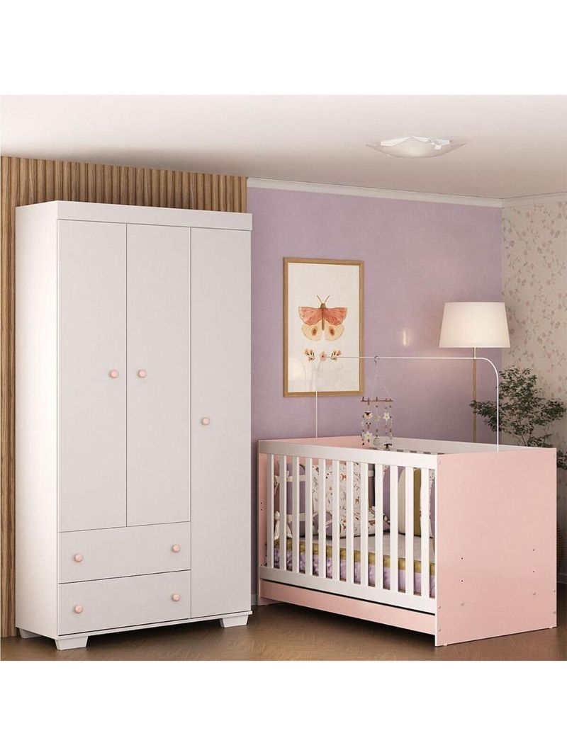 Quarto Infantil Com Berço 3 Em 1 E Guarda-roupas Algodão Doce Multimóveis Mp4247 Branco/rosa
