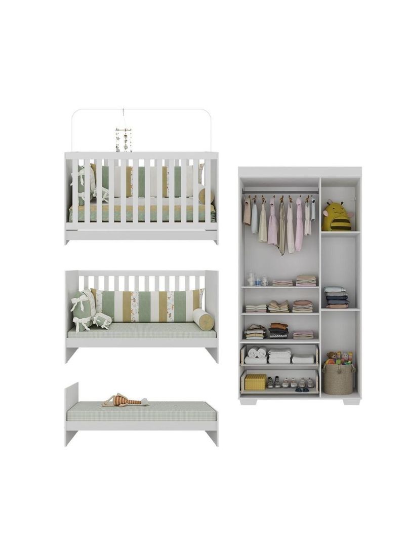 Quarto Infantil Com Berço 3 Em 1 E Guarda-roupas Algodão Doce Multimóveis Mp4247 Branco