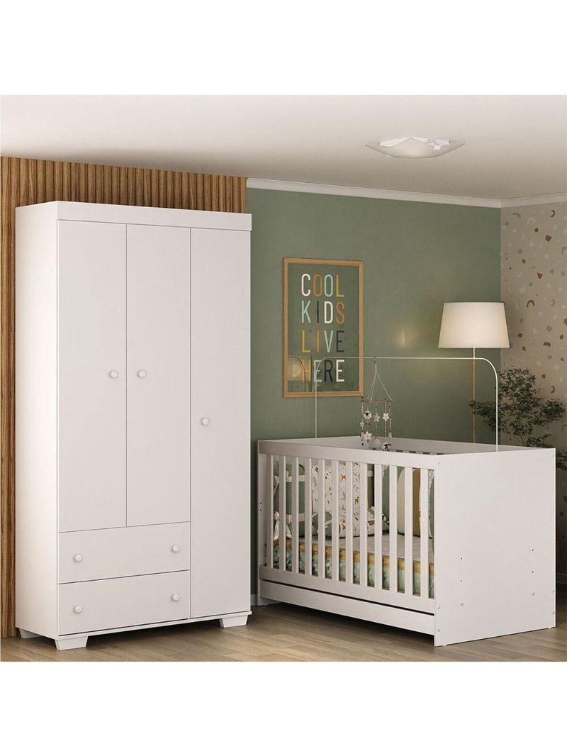 Quarto Infantil Com Berço 3 Em 1 E Guarda-roupas Algodão Doce Multimóveis Mp4247 Branco