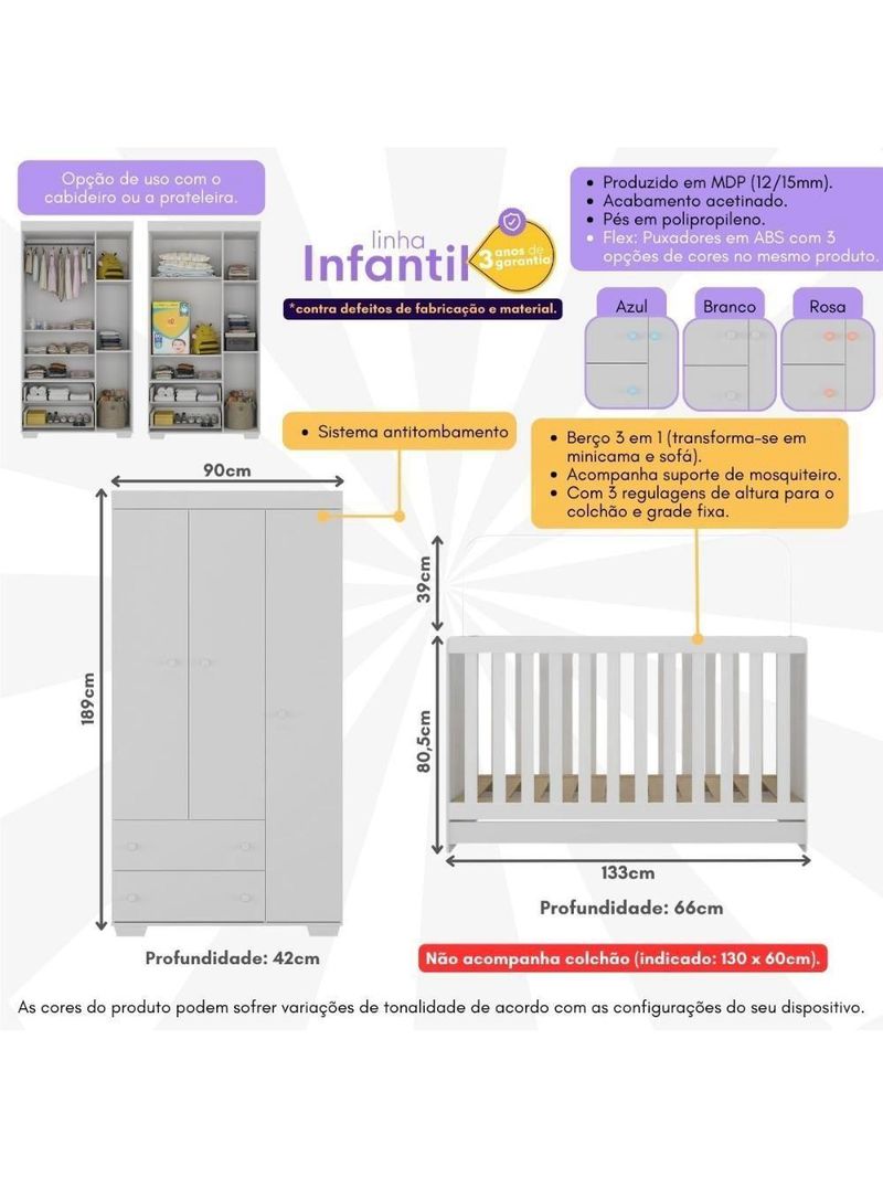Quarto Infantil Com Berço 3 Em 1 E Guarda-roupas Algodão Doce Multimóveis Mp4247 Branco