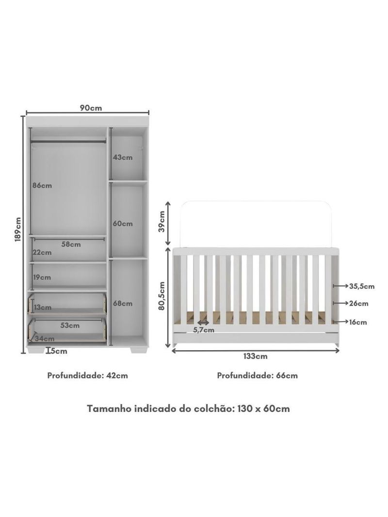 Quarto Infantil Com Berço 3 Em 1 E Guarda-roupas Algodão Doce Multimóveis Mp4247 Branco