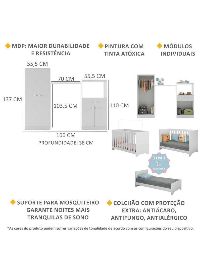 Quarto Infantil Com Berço 3 Em 1 E Colchão Incluso Luíza Multimóveis Branco