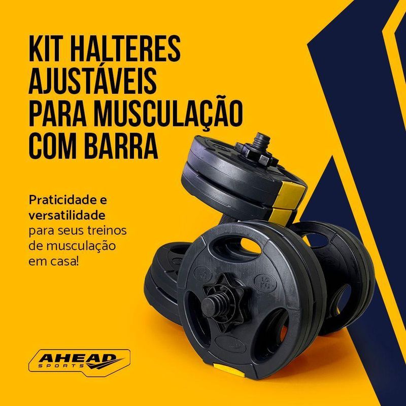 Kit Halteres Ajustável com Barra Até 15kg para Musculação em Casa Preto Ahead Sports