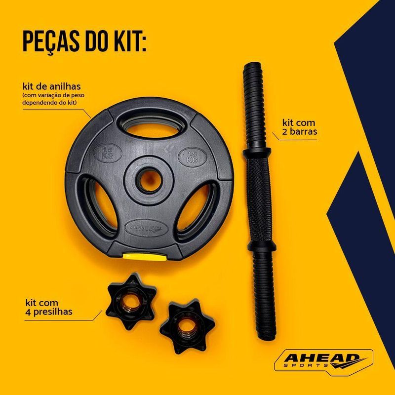 Kit Halteres Ajustável com Barra Até 15kg para Musculação em Casa Preto Ahead Sports