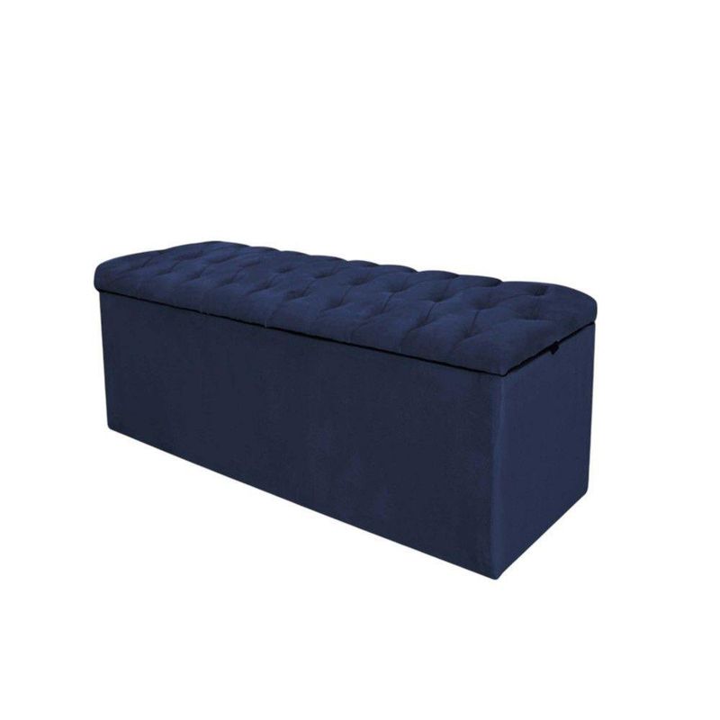 Calçadeira com Baú Livia 100CM Solteiro Corino Madeira Azul Marinho