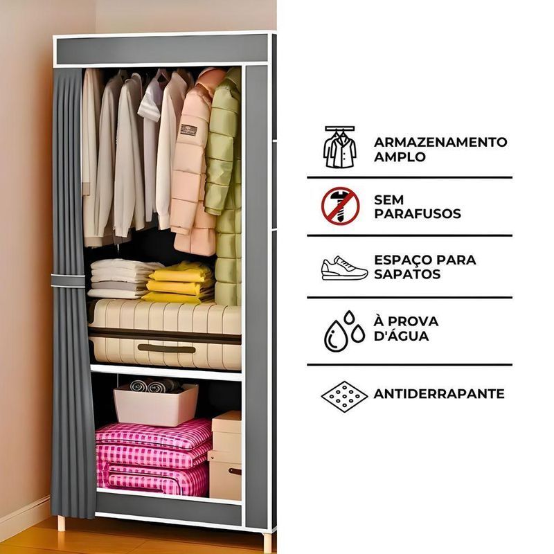 Closet Dobrável com Capa em Tecido Impermeável e Divisórias Internas Aço Cinza