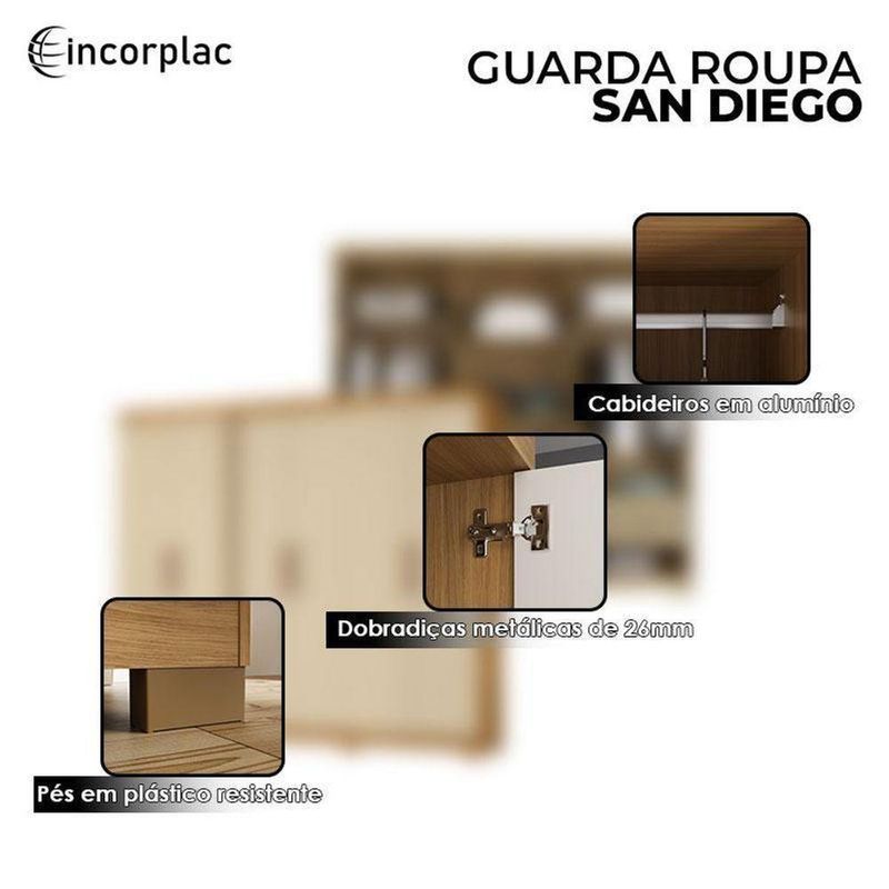 Cômoda 4 Gavetas New E Guarda Roupa Casal San Diego Carvalho Americano Off White - Incorplac