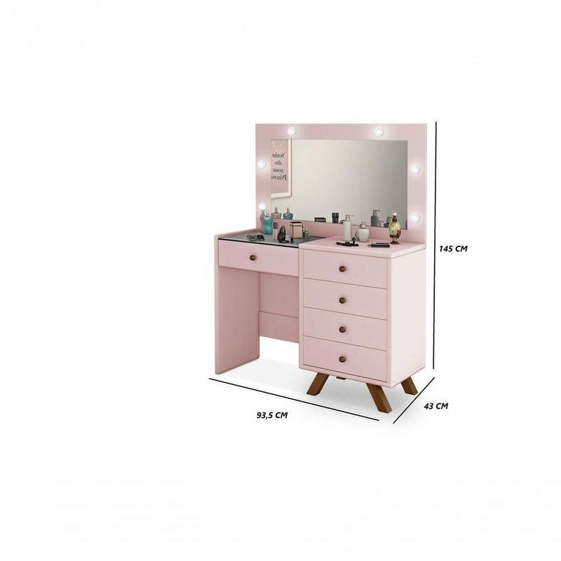 Penteadeira Camarim Luna 9 Gavetas com Espelho Iluminação LED MDF Branco Rosê