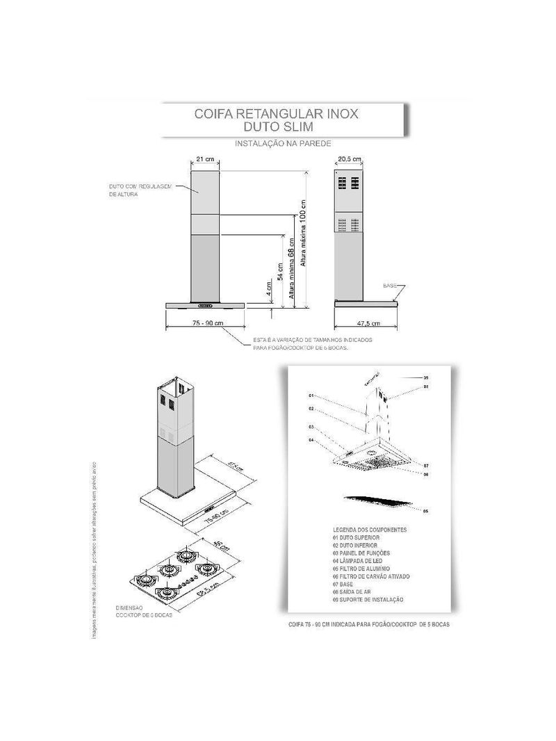 Coifa De Parede 90cm Retangular Duto Slim Fogatti Inox 220V