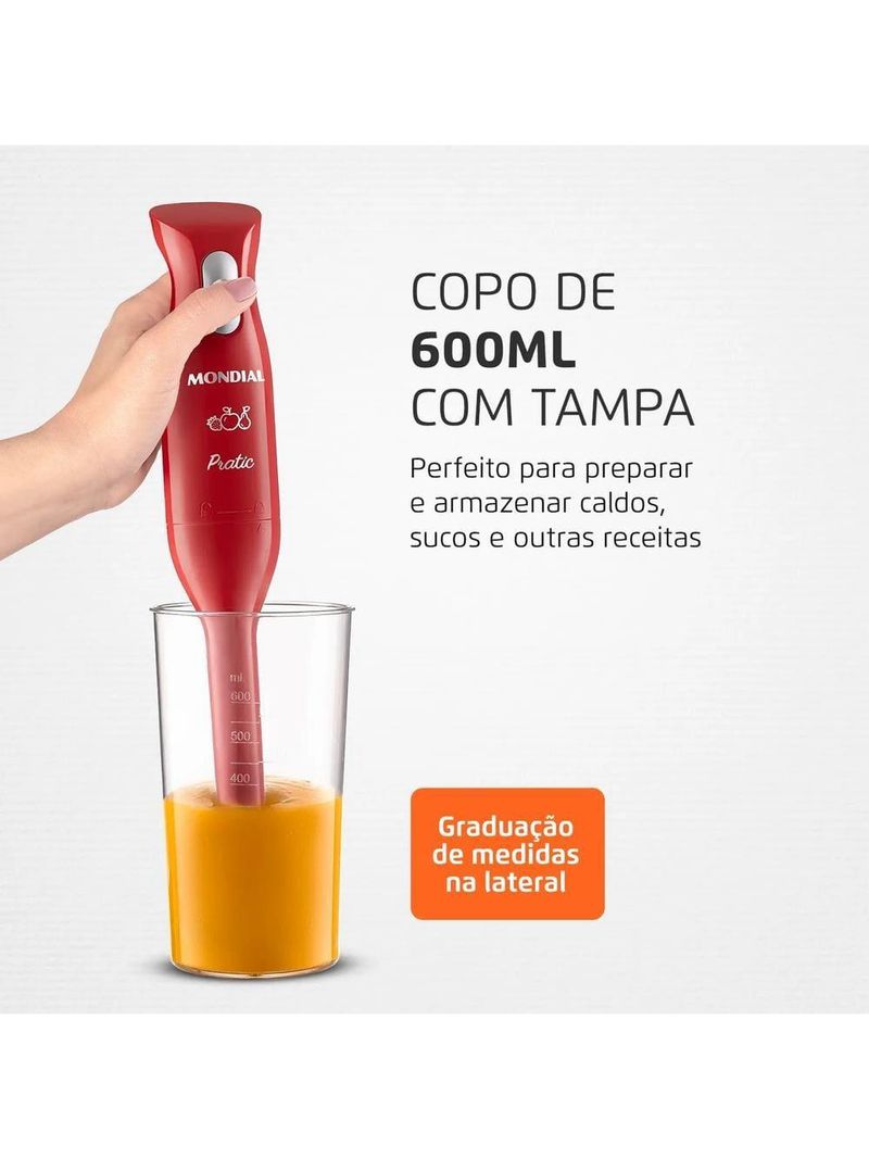 Mixer mondial pratic m-15-r 2 em 1 com copo medidor vermelho – 200 w