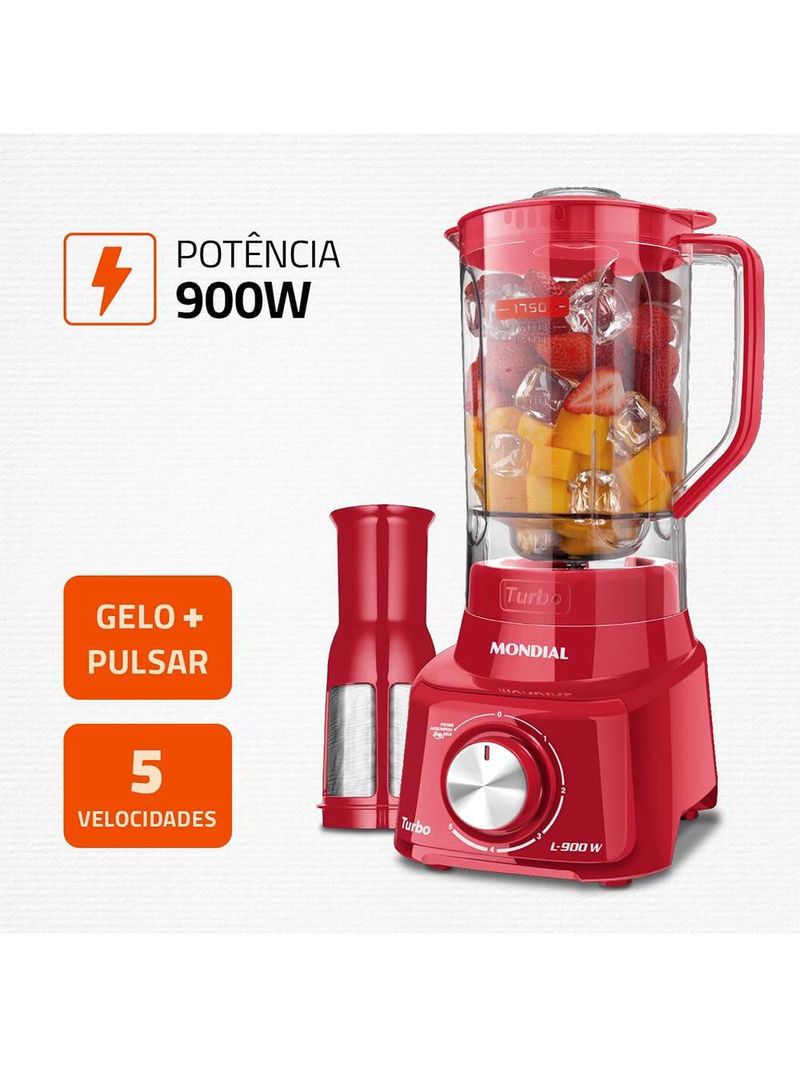 Liquidificador mondial turbo l900 vermelho 900w com 5 velocidades