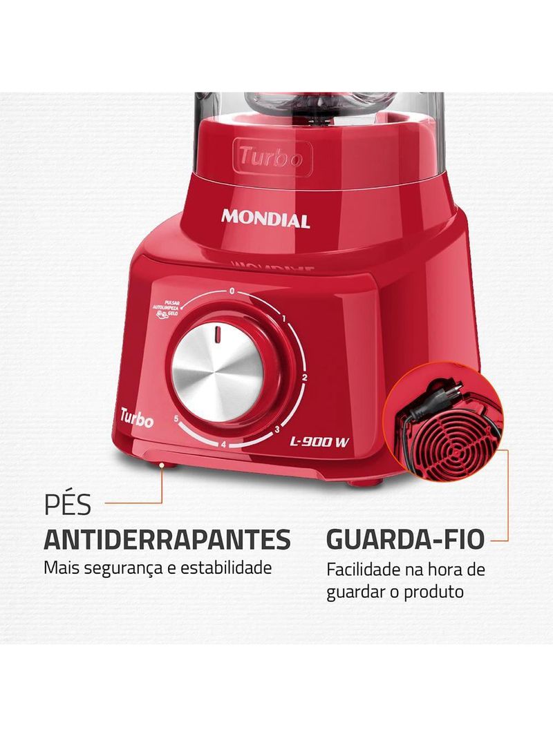 Liquidificador mondial turbo l900 vermelho 900w com 5 velocidades