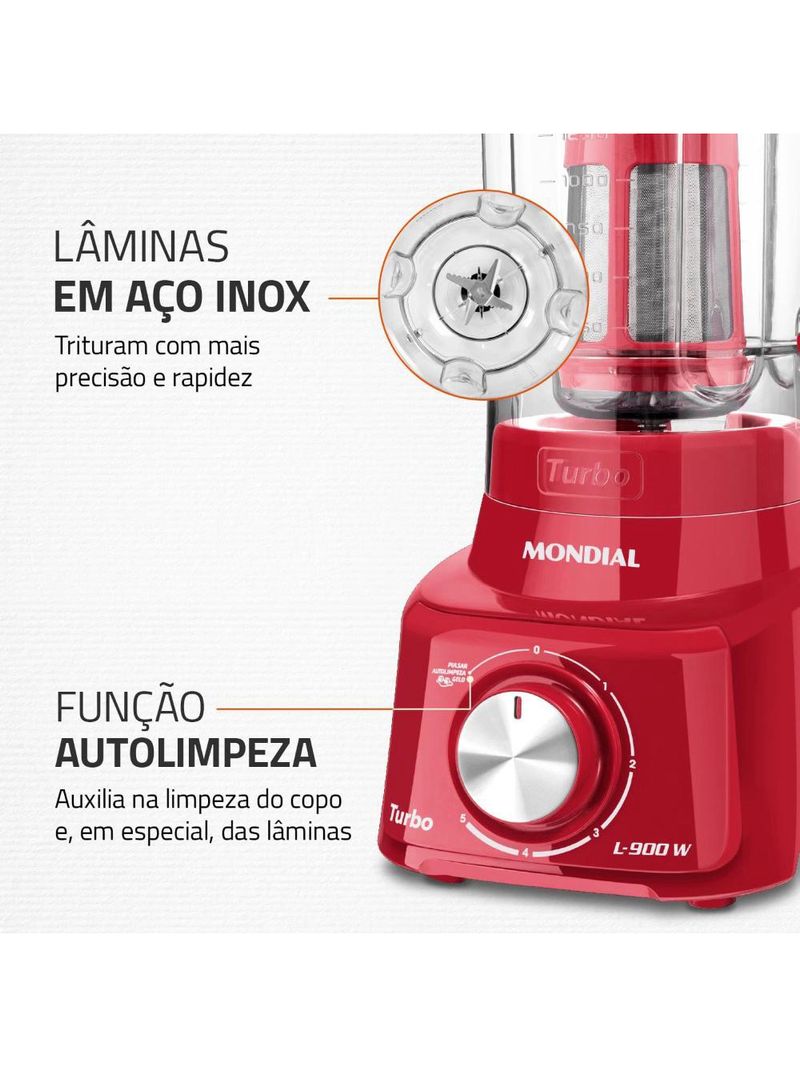 Liquidificador mondial turbo l900 vermelho 900w com 5 velocidades