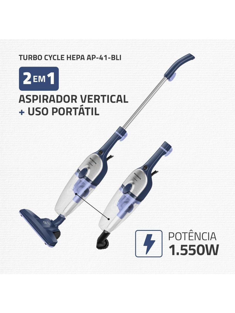 Aspirador De Pó Vertical Mondial Turbo Cycle HEPA AP-41-BLI 1550W Azul Escuro Com Inox 220V