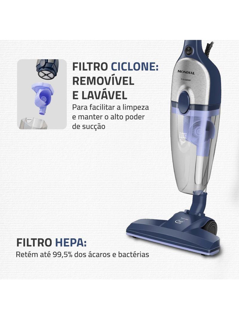 Aspirador De Pó Vertical Mondial Turbo Cycle HEPA AP-41-BLI 1550W Azul Escuro Com Inox 220V