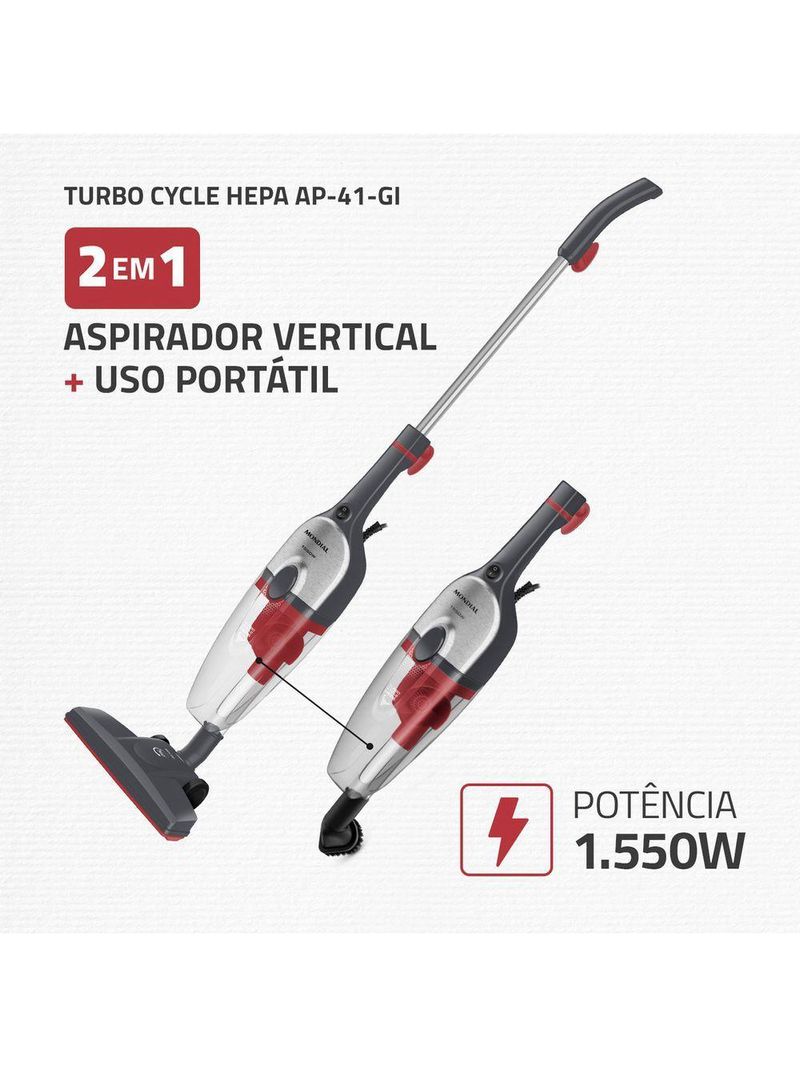 Aspirador De Pó Vertical Mondial Turbo Cycle HEPA AP-41-GI 1550W Cinza Com Inox 220V